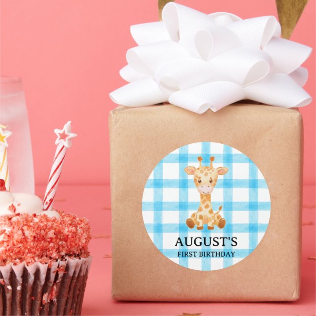 002 Cerulean Blue Check Giraffe Sticker (Party)