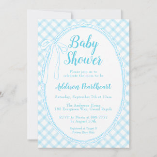 002 Cerulean Erbstück-Spitze Gingham-Baby-Party Einladung