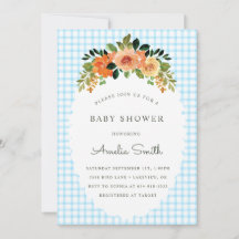 002 Cerulean Floral Gingham Baby Shower Invitation