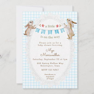 002 Himmelblaues Süßes Häschen Gingham-Baby-Party Einladung