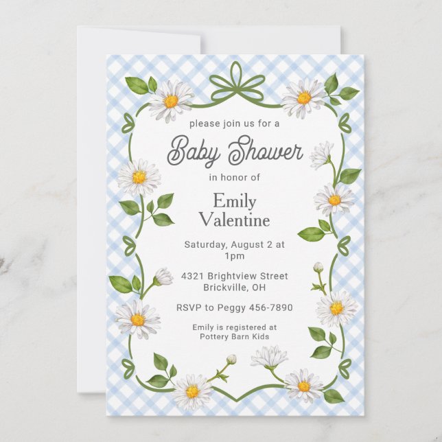 003 Cobalt Blue Floral Daisy Plaid Baby Shower Einladung (Vorderseite)