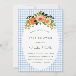003 Cobalt Floral Gingham Baby Shower Invitations Einladung