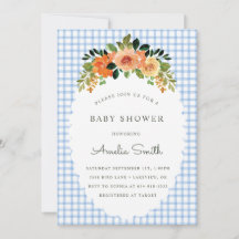 003 Kobalt Blumen-Gingham-Baby-Shower-Einladungen