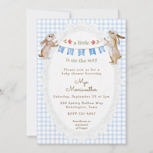 003 Kobaltblauer süßer Hase Gingham-Baby-Party Einladung