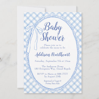 003 Kobaltblaues Erbstück-Spitze-Gingham-Baby-Show Einladung