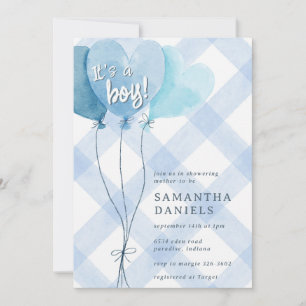 003 Kobaltblaues Herzballon-Gingham-Baby-Shower Einladung