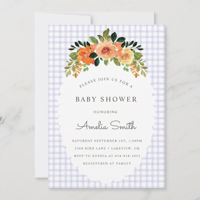 005 Iris Floral Gingham Baby Shower Invitations Einladung (Vorderseite)