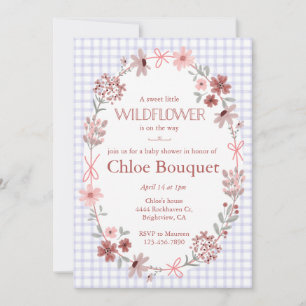 005 Iris Lila Wilde Blume Schleife Gingham Baby Sh Einladung