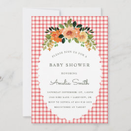 007 Red Floral Gingham Baby Shower Invitations Einladung