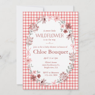007 Roter Boho Wildblumen-Bogen Gingham-Baby-Party Einladung