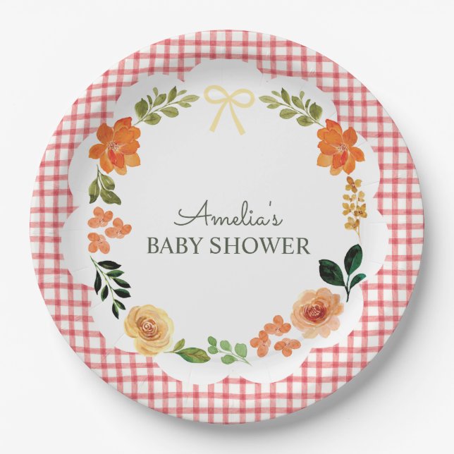 007 Rotes Blumen-Gingham-Baby-Shower Pappteller (Vorderseite)