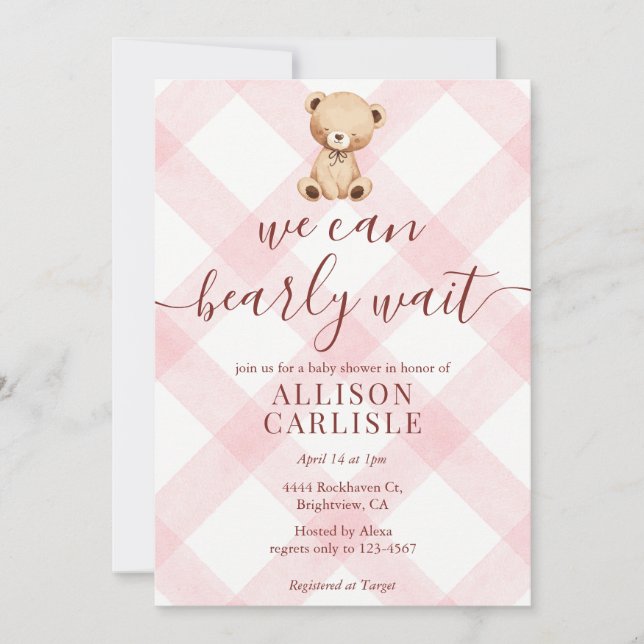 008 Blush Pink Teddy Bear Gingham Baby Shower Einladung (Vorderseite)