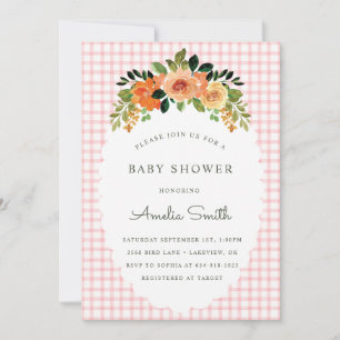 008 Rosa Florale Gingham-Baby-Shower-Einladungen Einladung