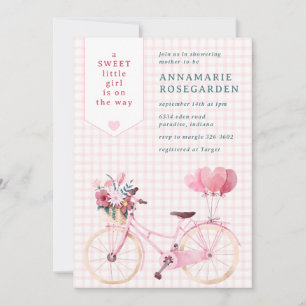 008 Rosafarbenes süßes floral Mädchen Fahrrad Baby Einladung