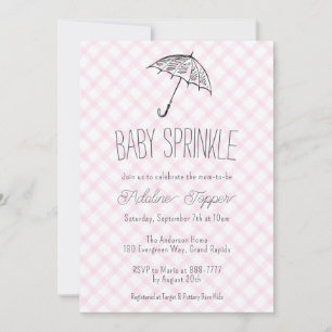 009 Fuchsia Moderne Regenschirm Gingham Baby Sprin Einladung