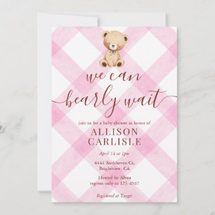 009 Fuchsia Pink Teddybär Gingham-Baby-Party Einladung
