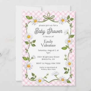 009 Fuchsia Rosa Blumen-Daisy-Karo-Baby-Party Einladung