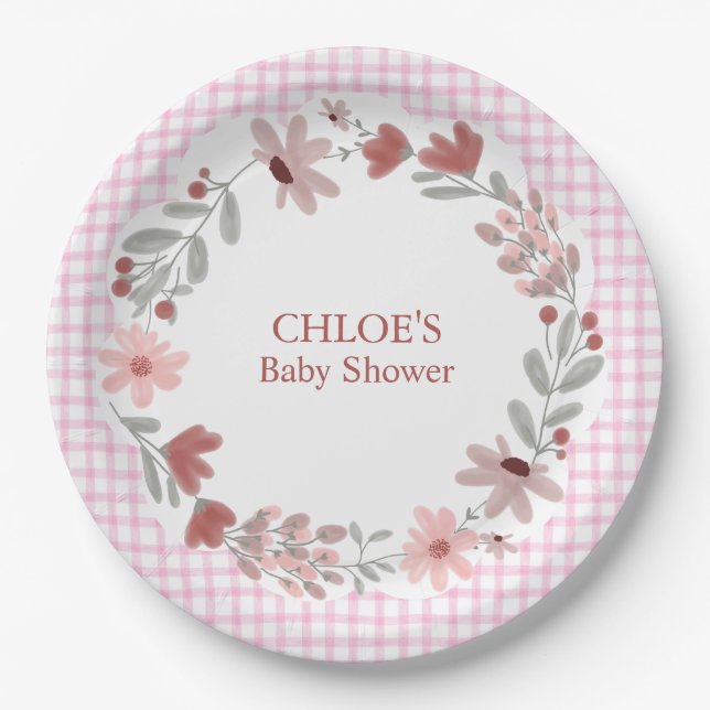 009 Fuchsia Rosa Wildflower-Bogenrahmen Gingham Pappteller (Vorderseite)