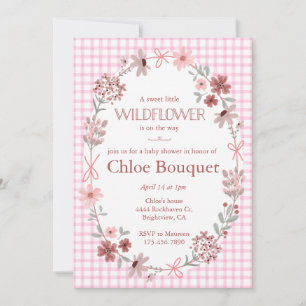 009 Fuchsia Rosa Wildflower Gingham Babyparty-Einl Einladung
