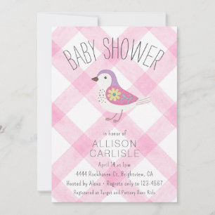 009 Fuchsia Süße Florale Vogel Gingham-Baby-Party Einladung