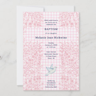 009 Fuchsia-Taube Botanischer Kreuz-Gingham-Taufe Einladung