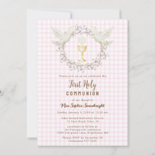 009 Fuchsia-Taube & Chalice Gingham Erstkommunion Einladung