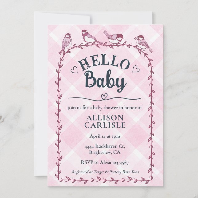 009 Fuchsia Watercolor Gingham Birds Baby Shower Einladung (Vorderseite)
