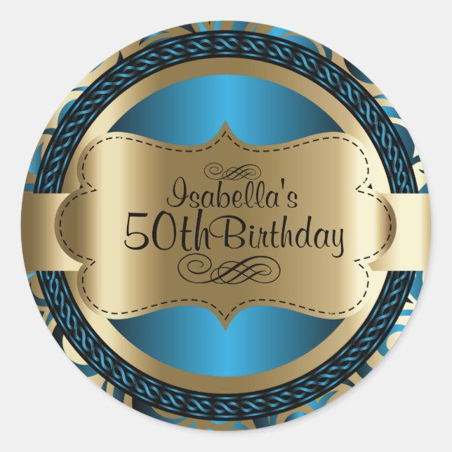 00. Abstrakter Geburtstag Blue and Gold Swirl Runder Aufkleber (Vorderseite)