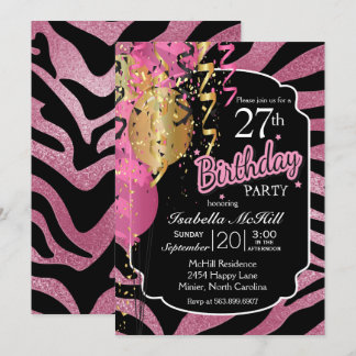 00. BIrthday - Pink & Black Zebra Streifen Einladung