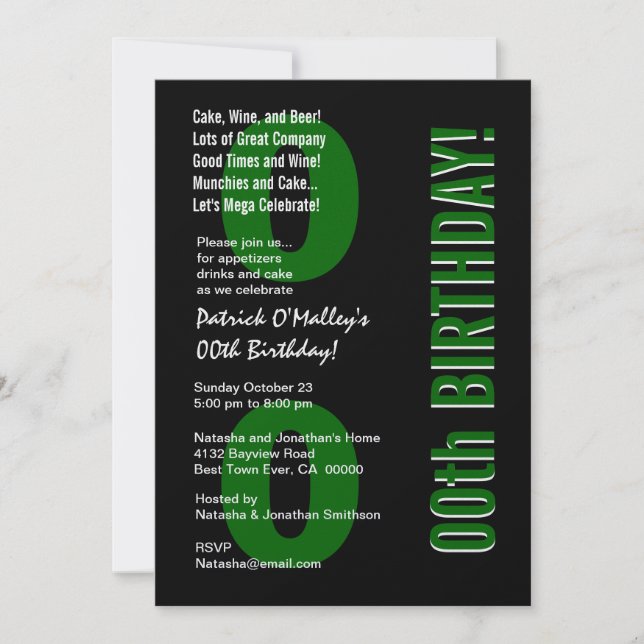 00. Modern Birthday Green und Black Metallic Einladung (Vorderseite)