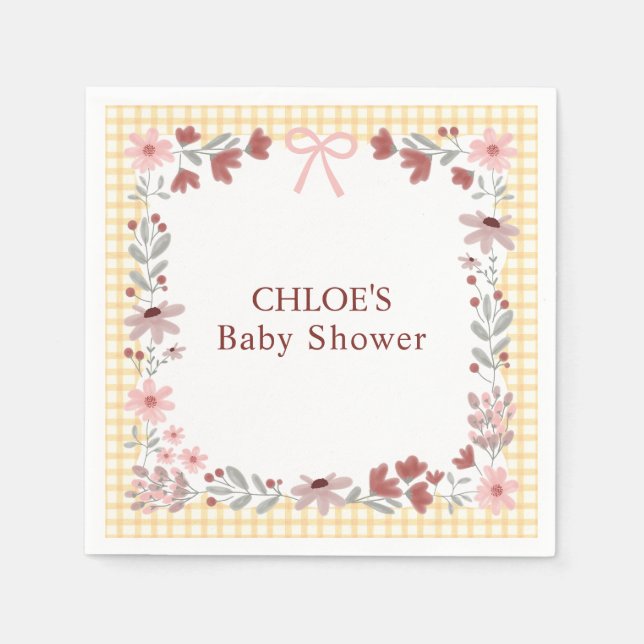 010 Bernstein-Wildblumen-Bogen-Gingham-Baby-Shower Serviette (Vorderseite)