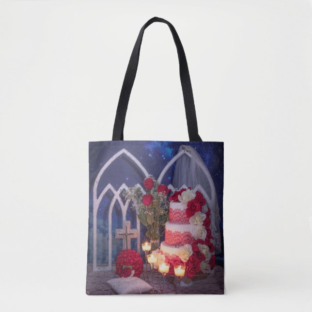 0128-Hochzeitstorte mit Kerzen, Schleier, Bouquet Tasche (Vorderseite)