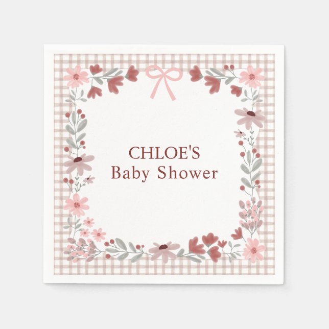013 Chocolate Brown Wildflower Bow Gingham Shower Serviette (Vorderseite)