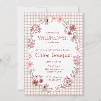013 Schokoladen-Wildblumen-Schleife-Gingham-Baby-P Einladung