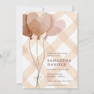 014 Latte Tan Heart Luftballon Gingham Babyparty Einladung
