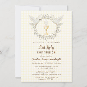 015 Lemon Dove & Chalice Gingham Erstkommunion Einladung