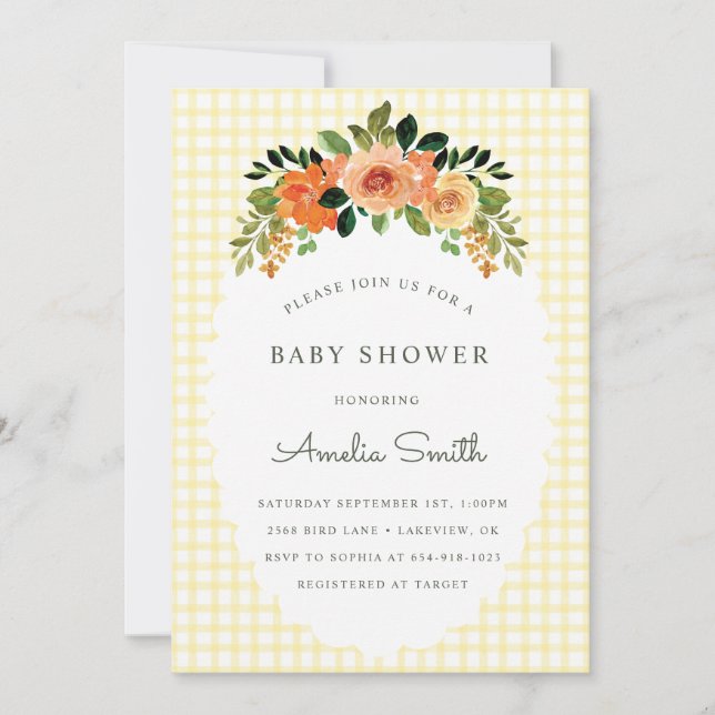 015 Lemon Floral Gingham Baby Shower Invitations Einladung (Vorderseite)
