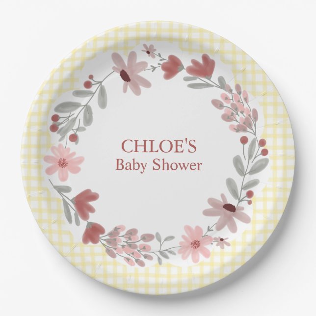 015 Zitronengelb Wildblumen-Bogenrahmen Gingham Pappteller (Vorderseite)