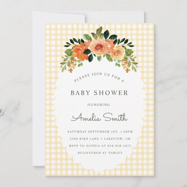 016 Marigold Floral Gingham Baby Shower Invitation Einladung (Vorderseite)
