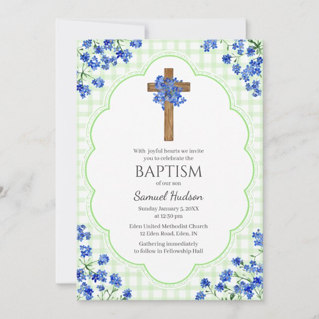 017 Moosgrün Blüten-Rustikalisches Kreuz-Design Ta Einladung (Vorderseite)