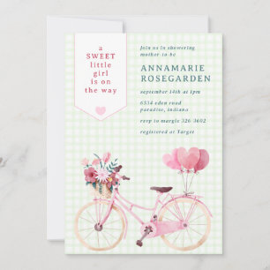 017 Moosgrün süßes floral Mädchen Fahrrad Baby-Par Einladung