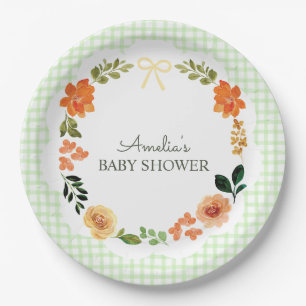 017 Moosgrüne Blumen-Gingham-Baby-Party Pappteller