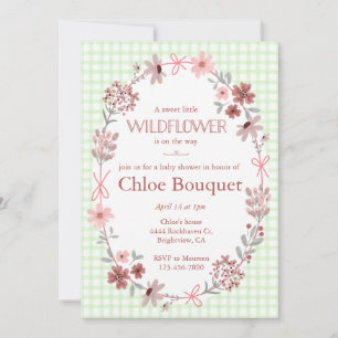 017 Moosgrüne Wildblumen-Schleife Gingham-Baby-Par Einladung