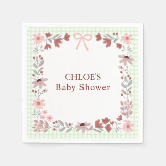 017 Moosgrüne Wildblumen-Schleife-Gingham-Baby-Sho Serviette