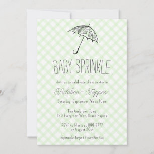 017 Moosgrüner Regenschirm Gingham Baby Sprinkle Einladung