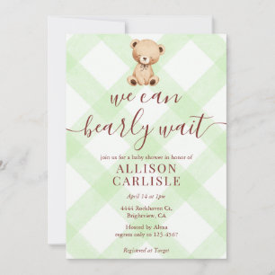 017 Moosgrüner Teddybär Gingham-Baby-Shower Einladung