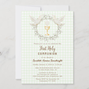 017 Moss Dove & Chalice Gingham Erstkommunion Einladung