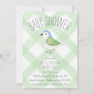 018 Gras Süße Blumen-Vogel Gingham Baby Shower Einladung