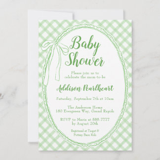 018 Grasgrüne Erbstück-Spitzen-Gingham-Baby-Party Einladung