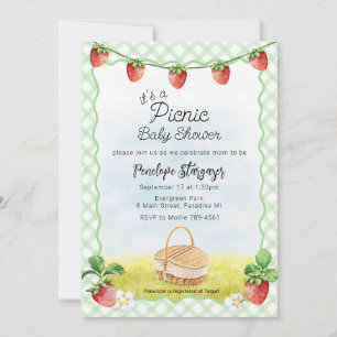 018 Grasgrüne Erdbeer-Picknick-Baby-Party Einladung